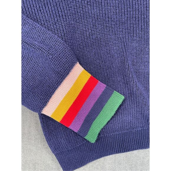ModCloth Cardigan Womens S Navy Rainbow Trim Button Front Cropped Sweater Casual - Picture 2 of 8